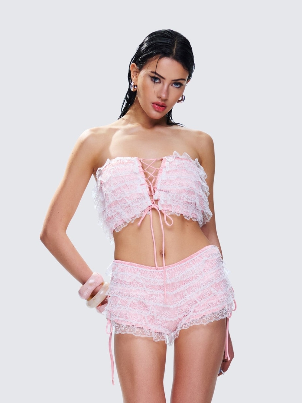 Finesse Pink Lace Ruffle Bandeau Top & Shorts Set XS